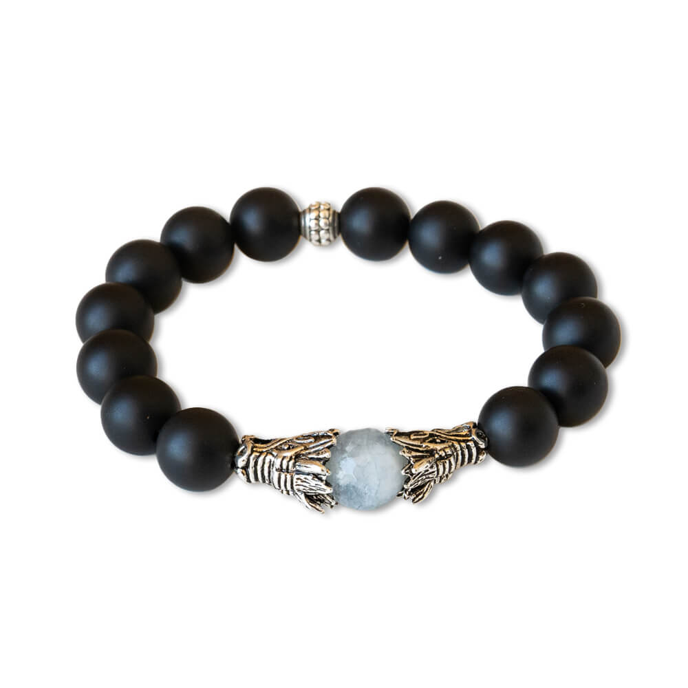 BLACK AGATE, AQUAMARINE STONE WITH DRAGON MEN BRACELET