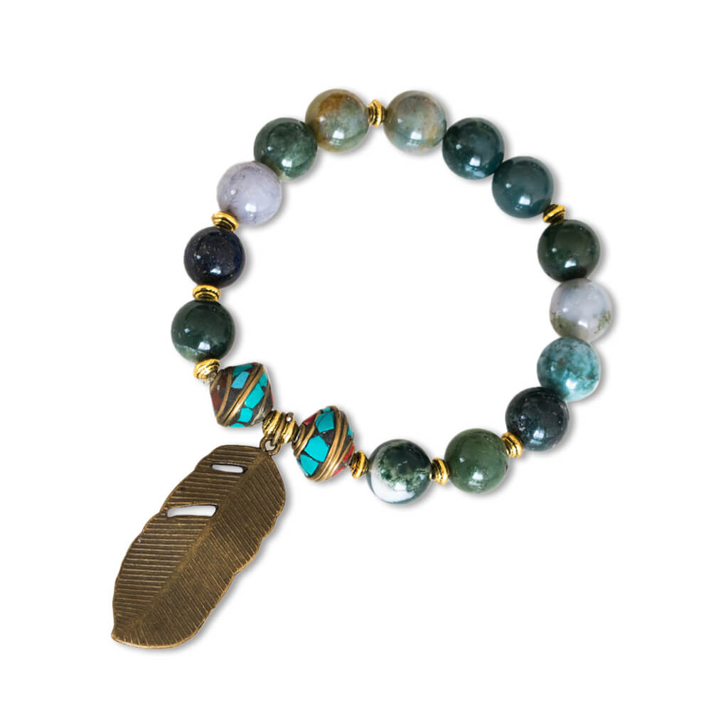 Indian Agate, Leaf Charm Emotional Security Bracelet