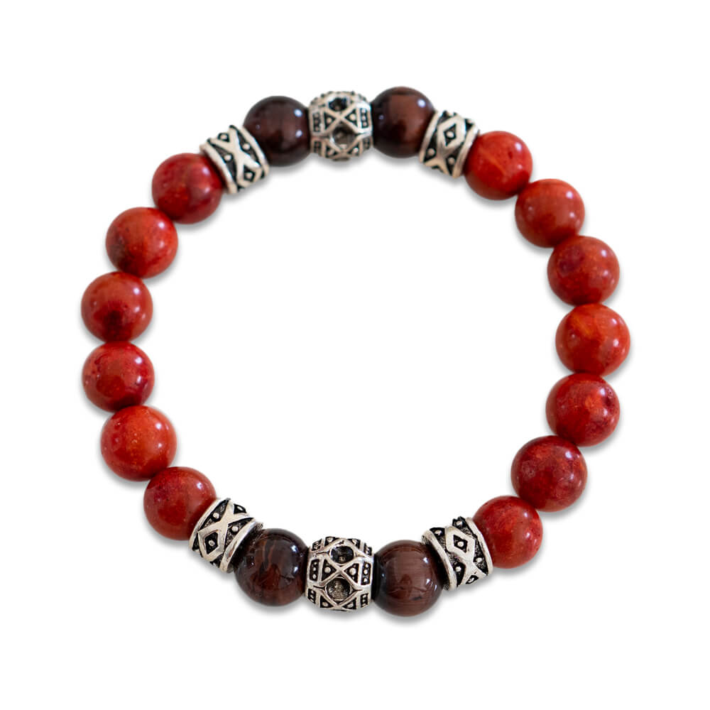 Red Jasper, Tiger Eye With Silver Spacer Beads Men's Bracelet