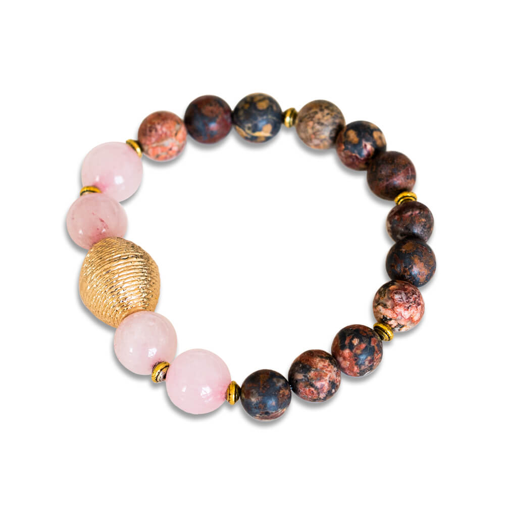 Leopard Skin Jasper, Pink Quartz Golden Bead Women Bracelet