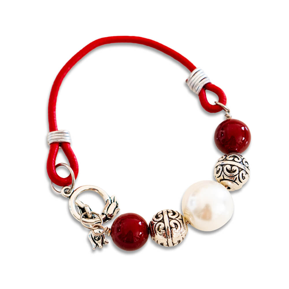 Red Coral, Pearl With Leather Women Bracelet