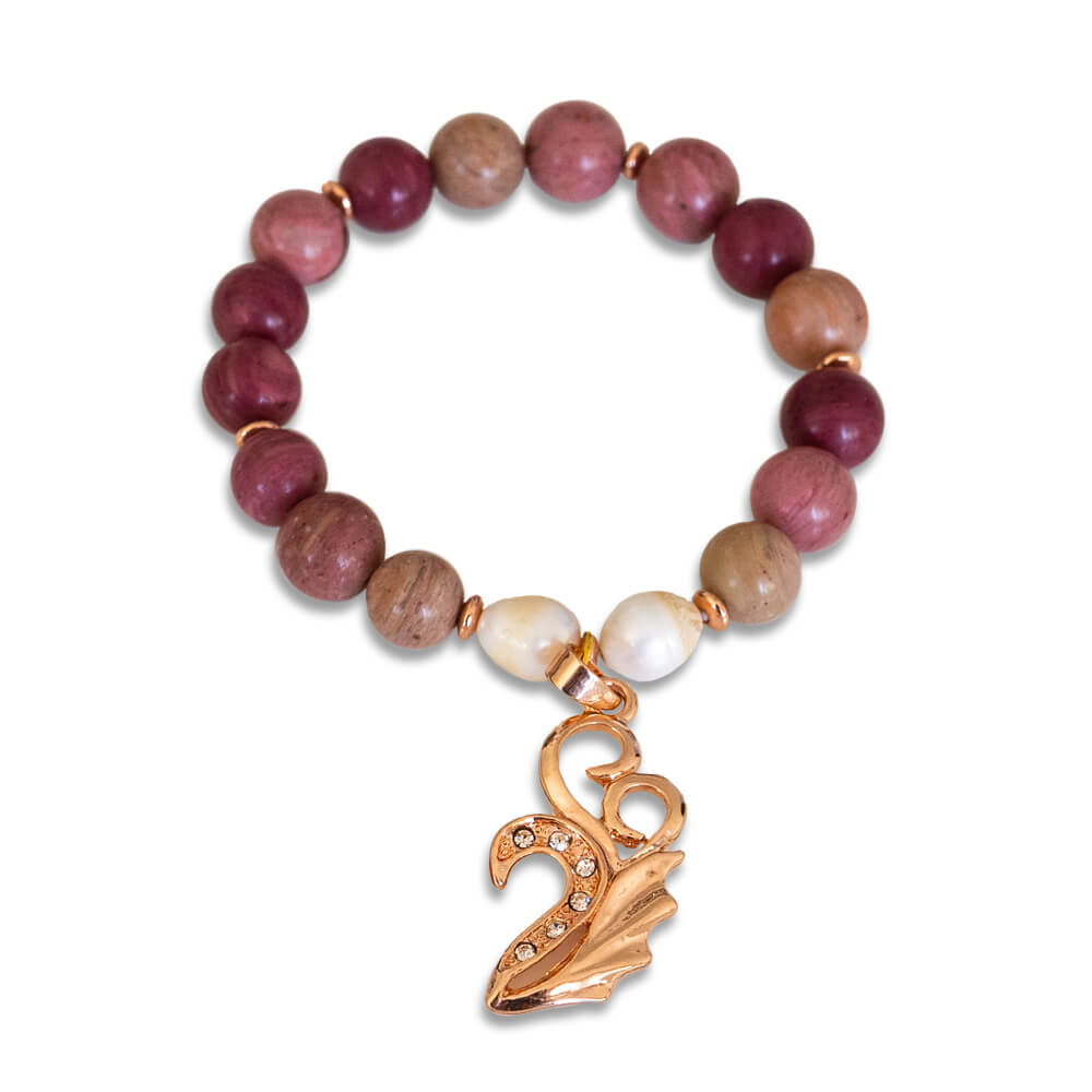 Rhodochrosite, Pearl, Swan Charm Women Bracelet