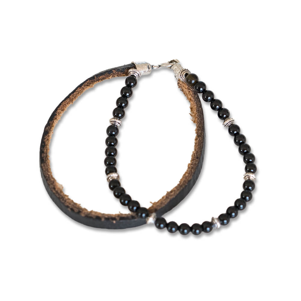 Black Agate And Cow Leather Unisex Bracelet