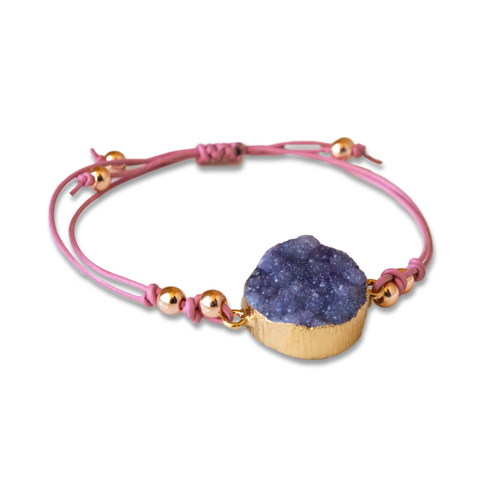 Amethyst Nugget Pink Cowhide Leather Bracelet For Men & Women