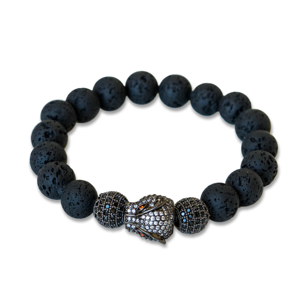 Black Lava Stone With Gunmetal Leopard Charm Men's Bracelet