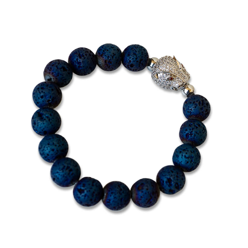 Black Lava Stone With Platinum Leopard Charm Men's Bracelet