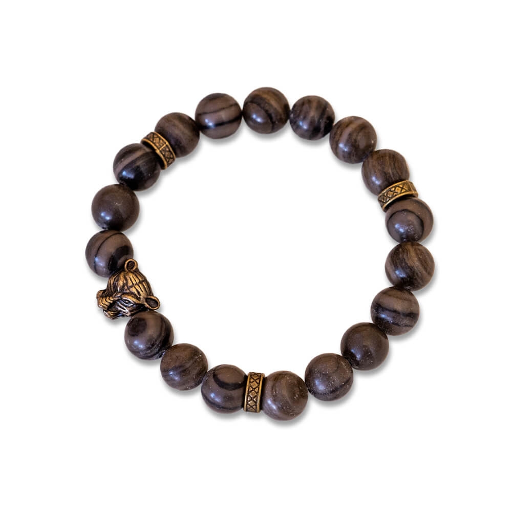 Wood Lace Agate Stone, Copper Leopard Charm Men's Bracelet