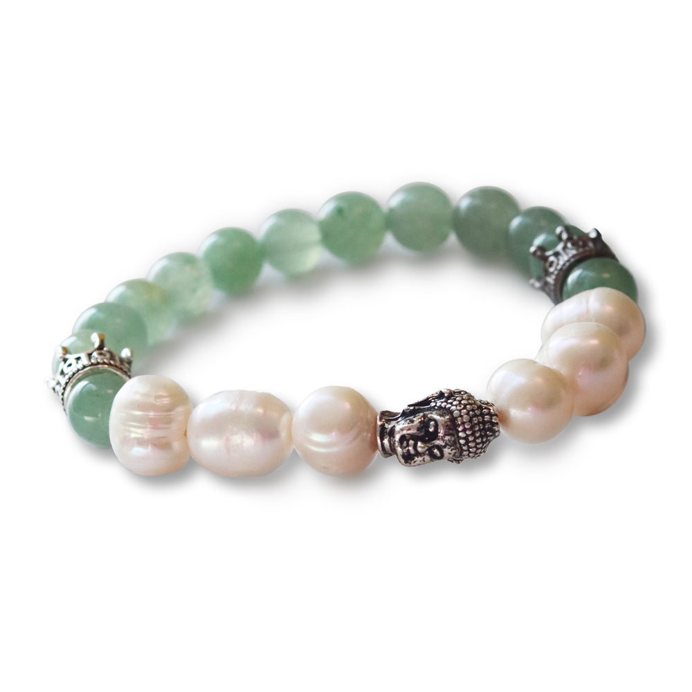 Frosted Green Aventurine and White Pearl with Crown and Buddha Charm Women's Bracelet