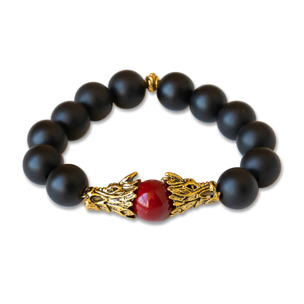 Black Agate Red Coral With Dragon Men Bracelet