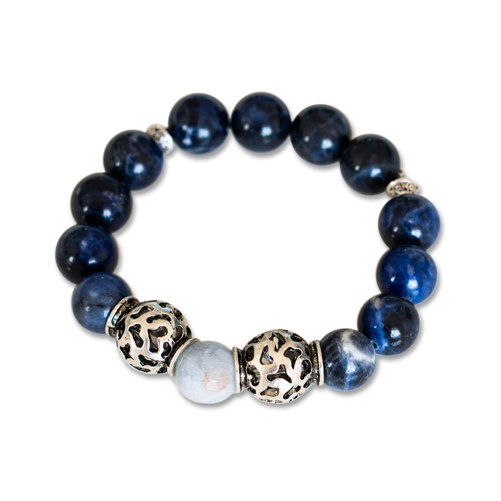 Sodalite, Aquamarine Silver Bead Mens Bracelet