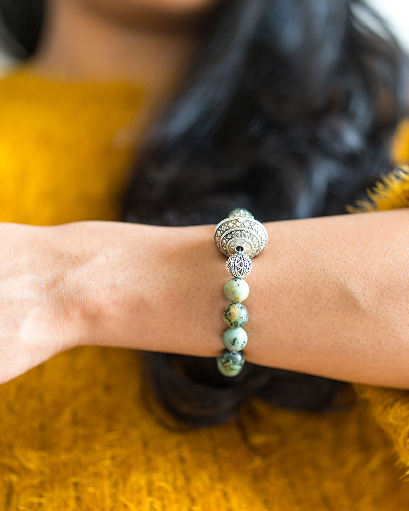 Moss Agate And Silver Charm Bracelet