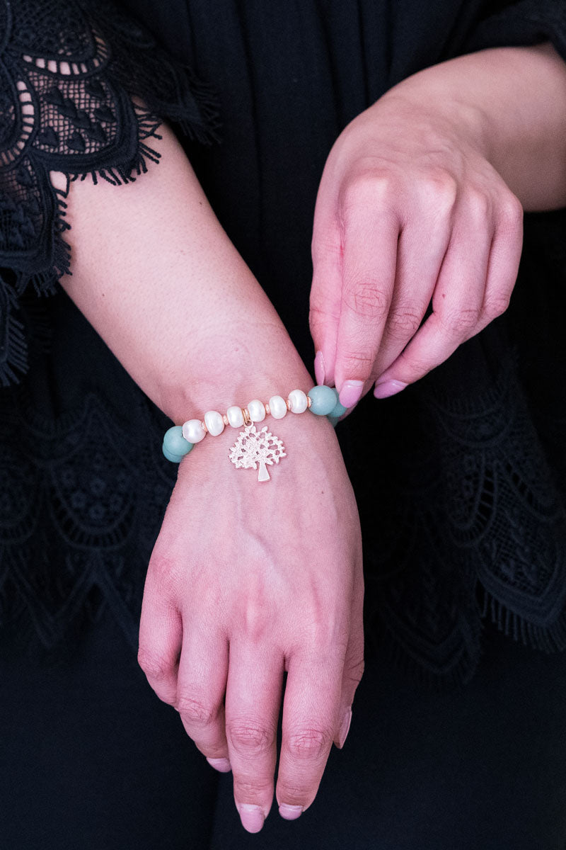 Frosted Green Aventurine, Pearl, Tree Of Life Bracelet