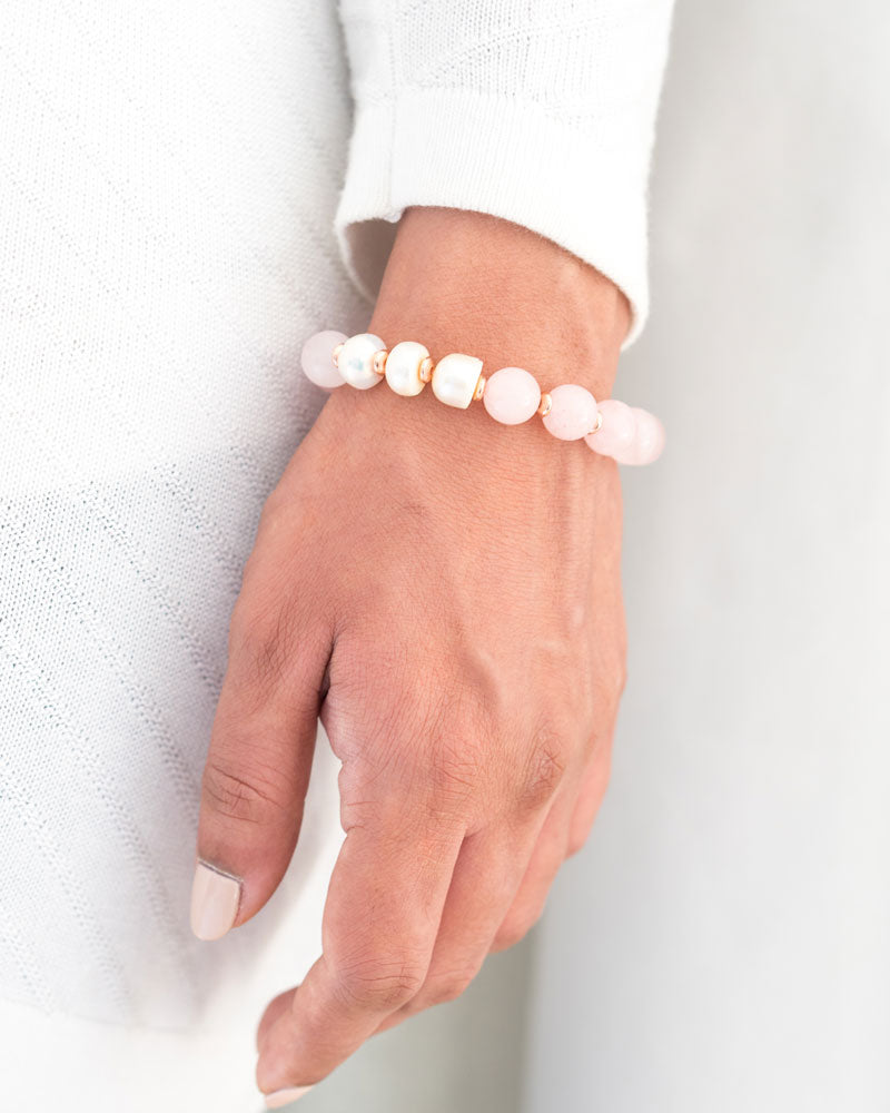 Rose Quartz And Pearl With Rose Gold Beads Bracelet