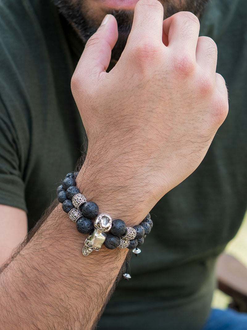 Black Lava Skull For Protection And Stability Bracelet
