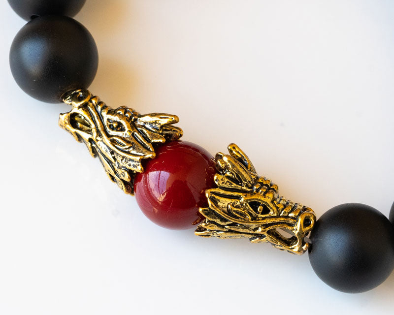 Black Agate Red Coral With Dragon Men Bracelet