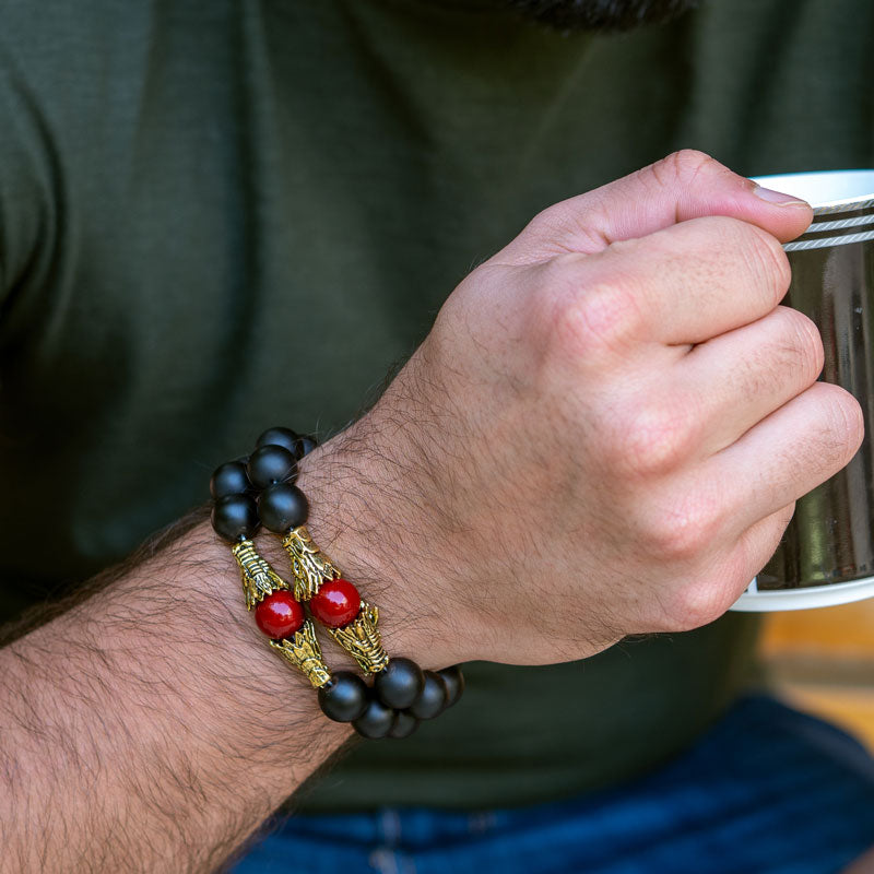 Black Agate Red Coral With Dragon Men Bracelet