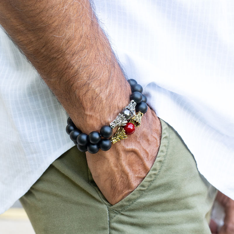 Black Agate Red Coral With Dragon Men Bracelet