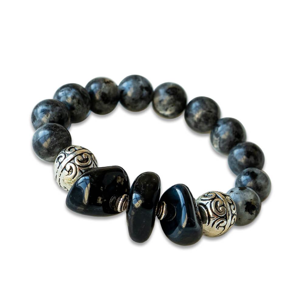 Labradite, Black Onyx With Silver Spacer Beads Women Bracelet