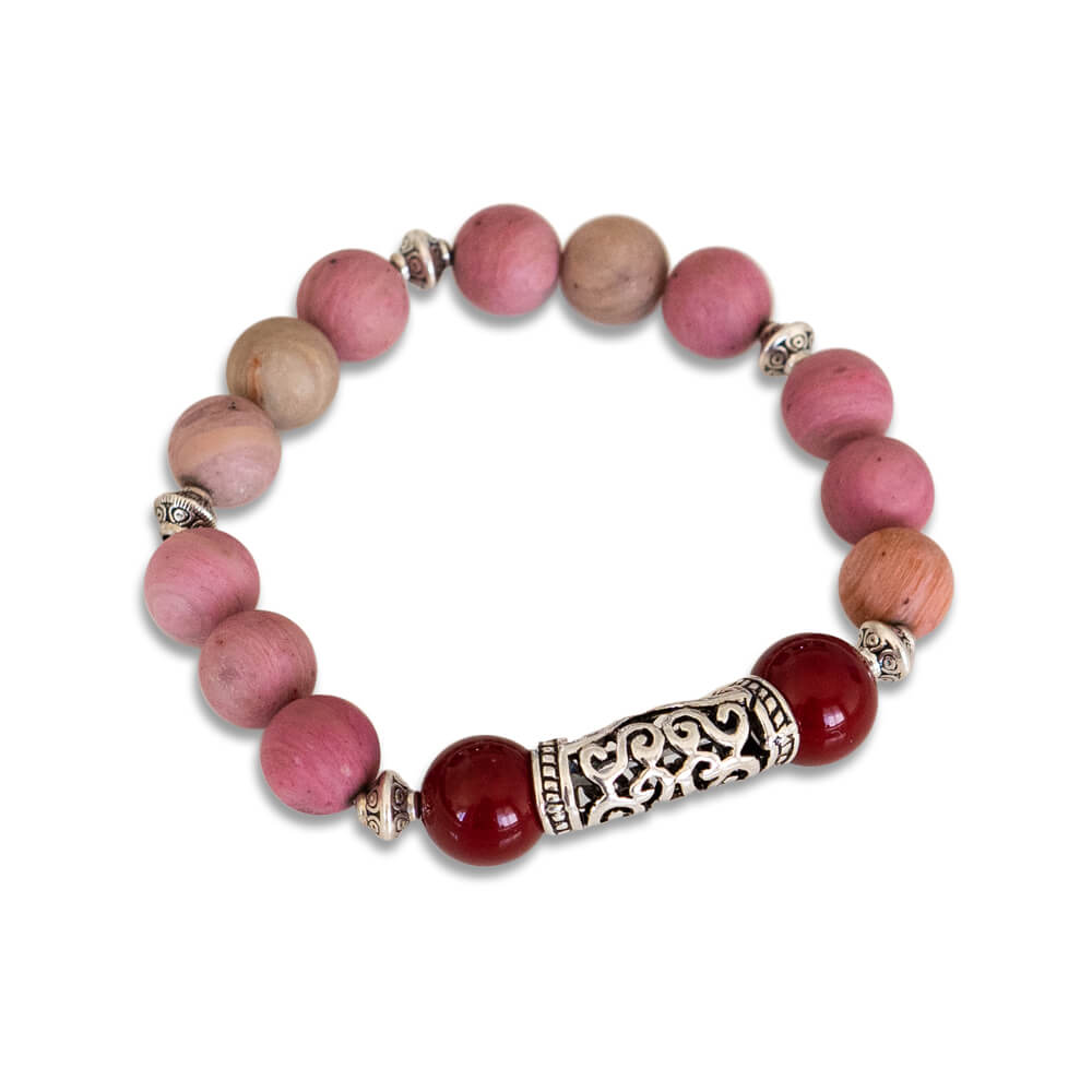 Frosted Rhodochrosite, Red Coral, Silver Charm Women Bracelet
