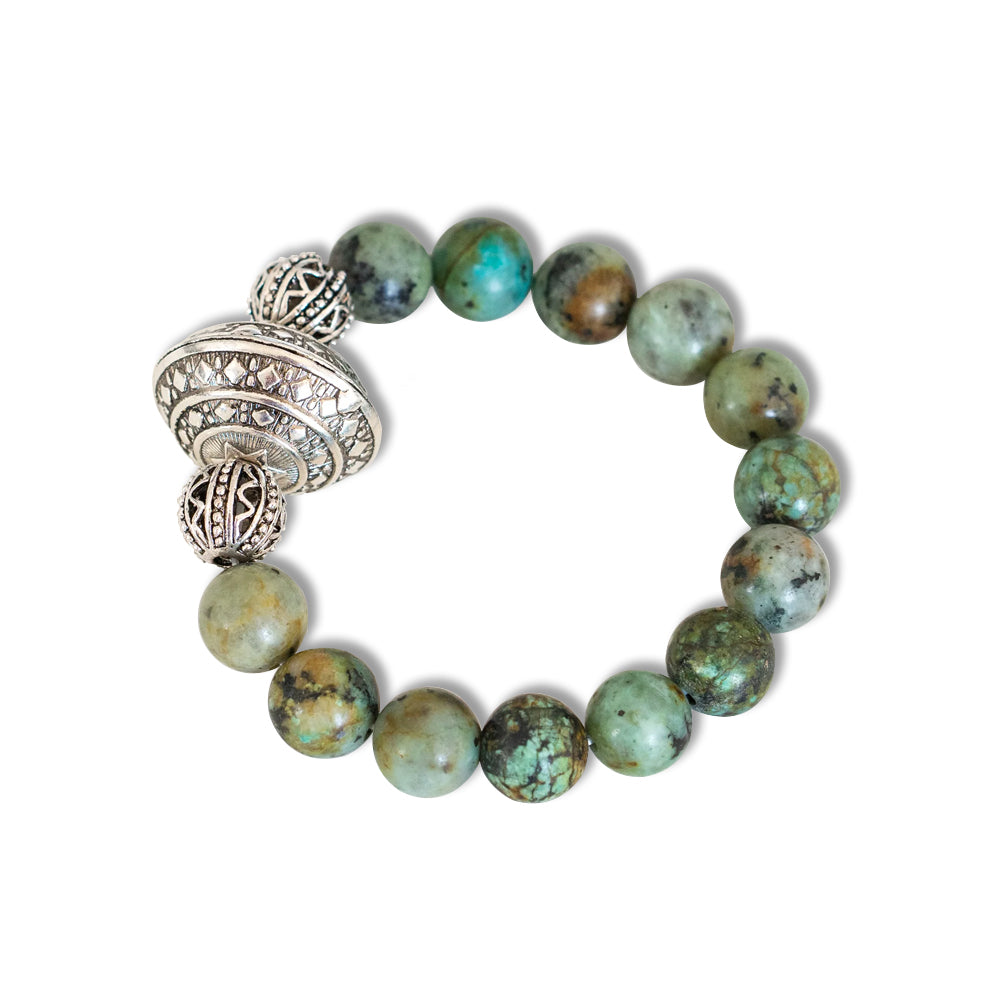 Moss Agate And Silver Charm Bracelet