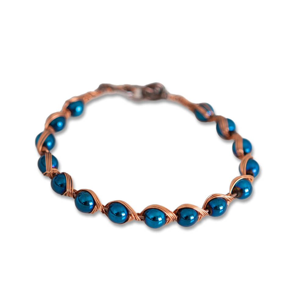 Blue Hematite, Copper Wire Women Bangle Bracelet