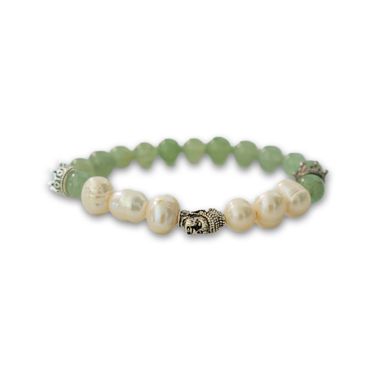 Frosted Green Aventurine and White Pearl with Crown and Buddha Charm Women's Bracelet