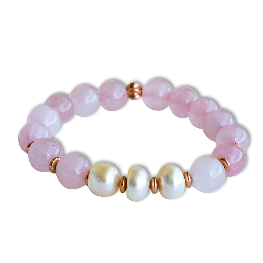 Rose Quartz And Pearl With Rose Gold Beads Bracelet
