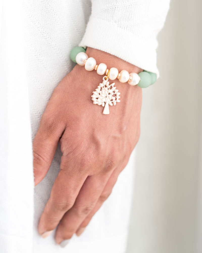 Frosted Green Aventurine, Pearl, Tree Of Life Bracelet