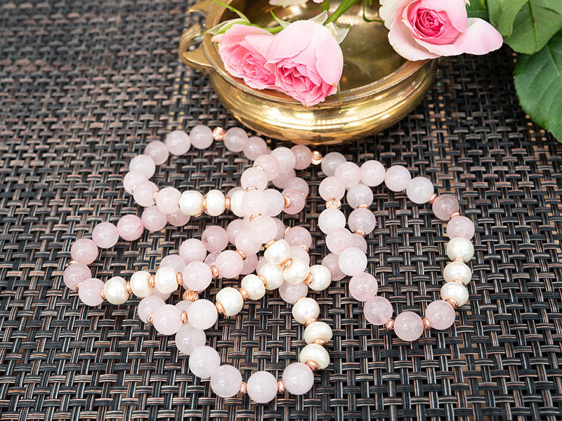 Rose Quartz And Pearl With Rose Gold Beads Bracelet