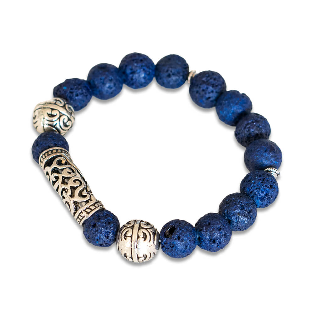 Blue Lava With Silver Tube Beads, Silver Beads Unisex Bracelet
