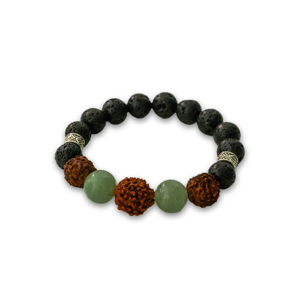 Frosted Green Aventurine, Rudraksha, and Black Lava with Silver Charms Men's Bracelet
