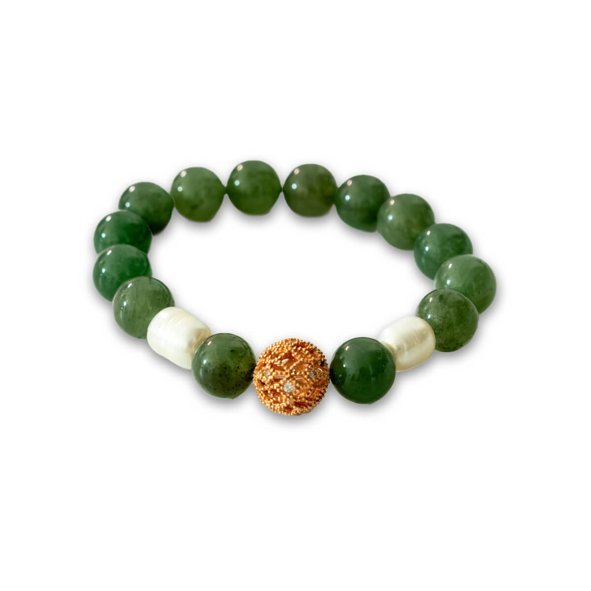 Frosted Green Aventurine and White Pearl with Rose Gold Charm Women's Bracelet