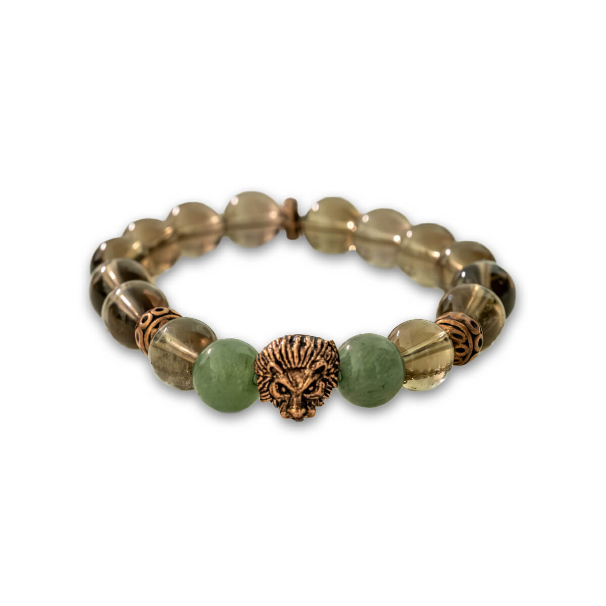 Frosted Green Aventurine and Smoky Quartz with Lion Charm Unisex Bracelet