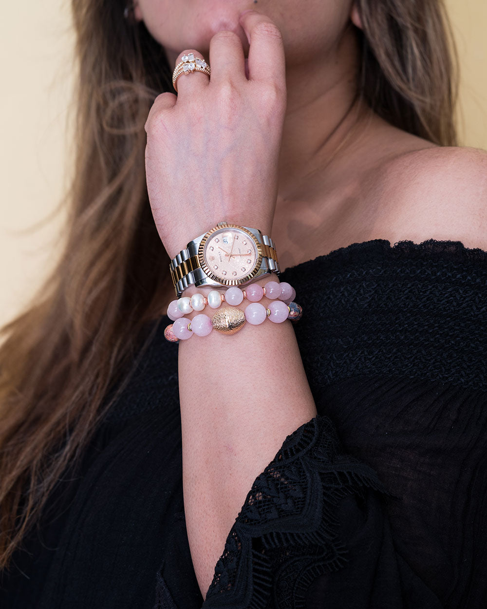 Rose Quartz And Pearl With Rose Gold Beads Bracelet