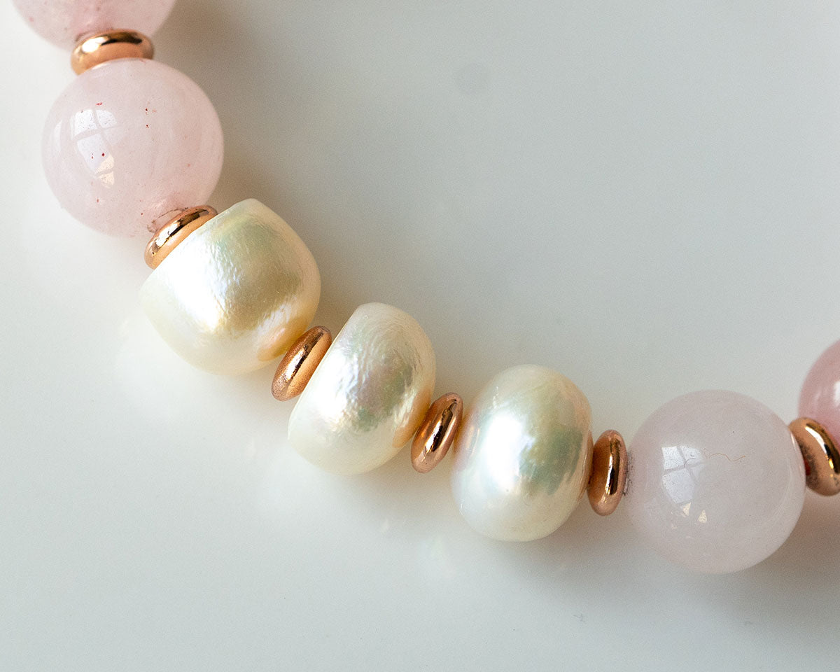 Rose Quartz And Pearl With Rose Gold Beads Bracelet